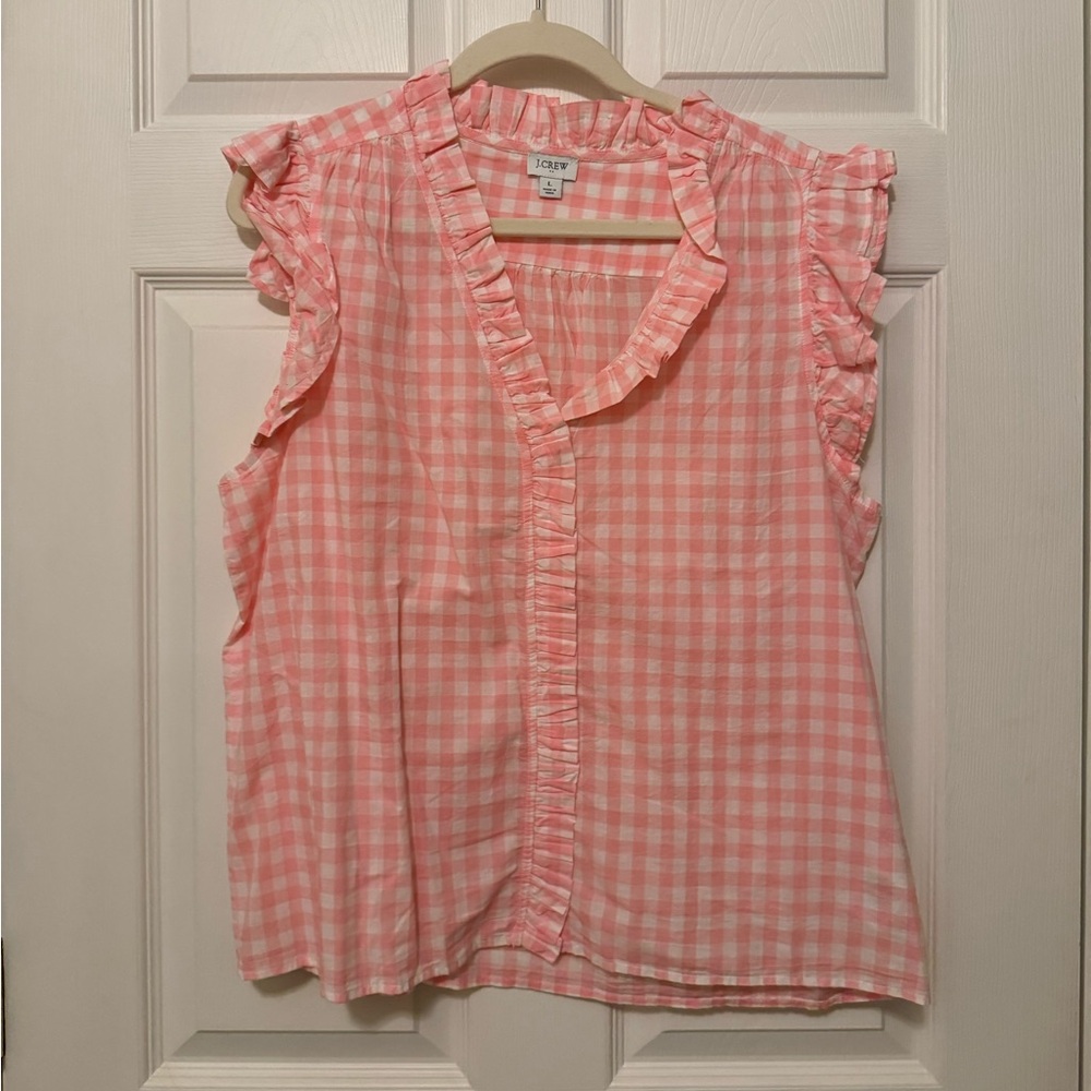 J. Crew Pink Gingham Ruffle Neck Sleeveless Blouse